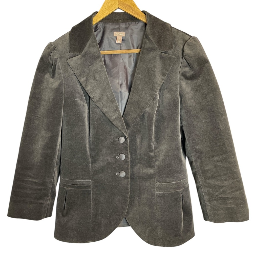 Halogen Gray Velvet Blazer Jacket Women's‎ Size Medium Puffed Shoulders